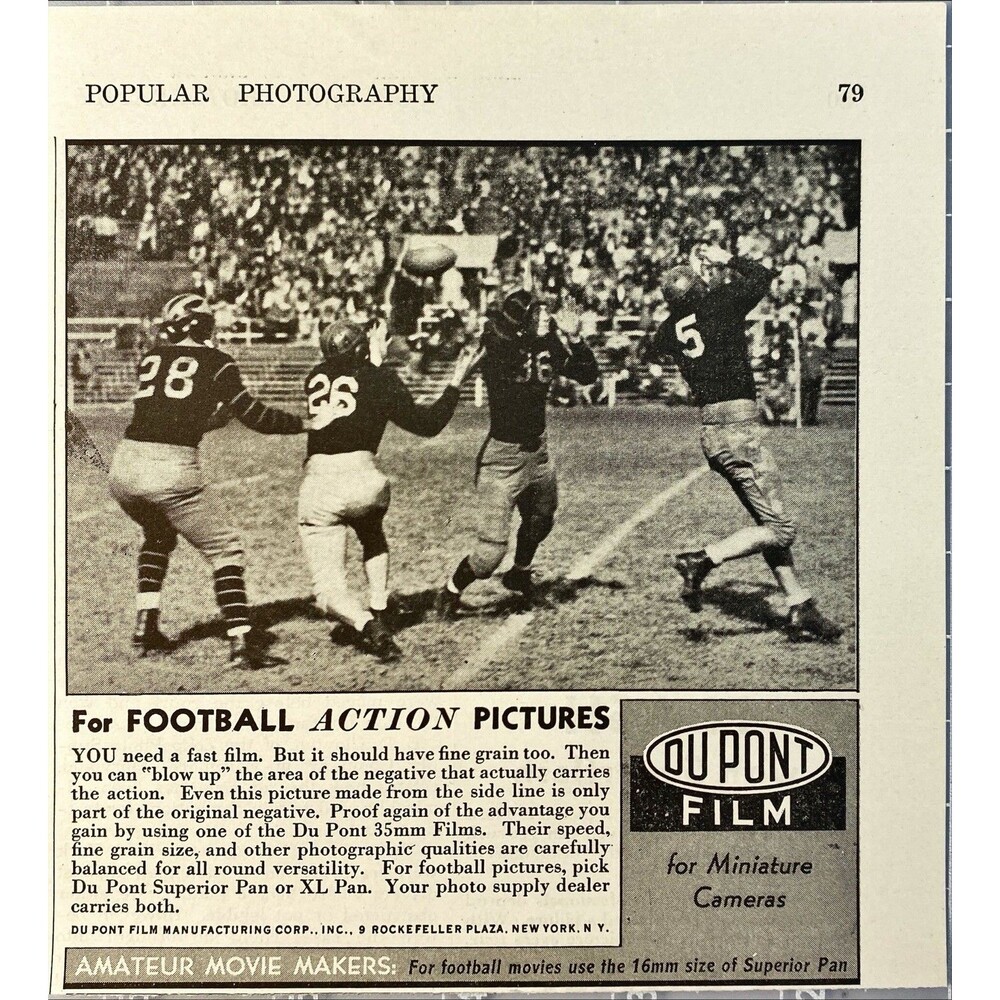 Du Pont Pan or XL Pan Film "For Football Action Pictures" Vintage Print Ad 1938